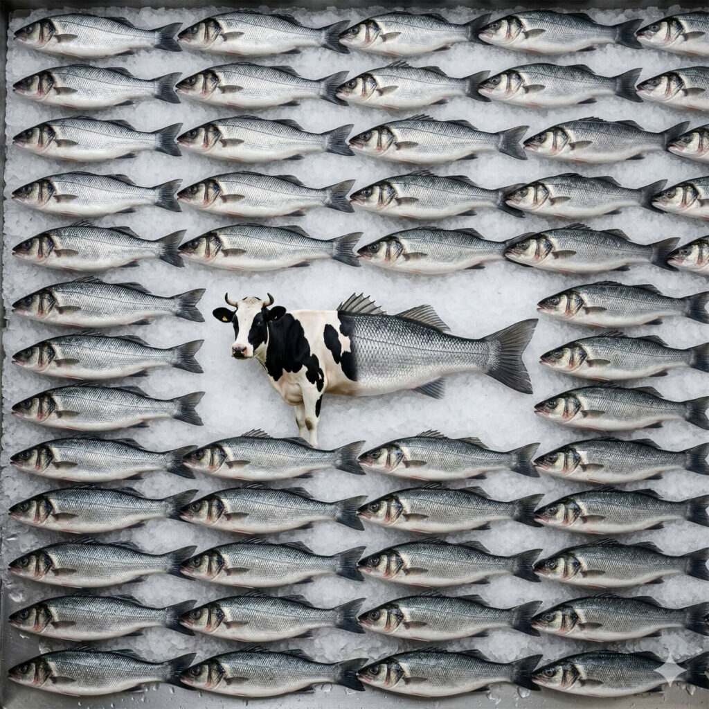 Un pattern di pesci al centro del quale c'è un ibrido tra una mucca e un pesce.