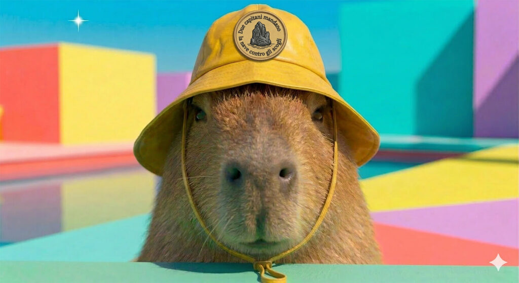 Un serafico capibara indossa un cappello cerato, pronto alla navigazione.