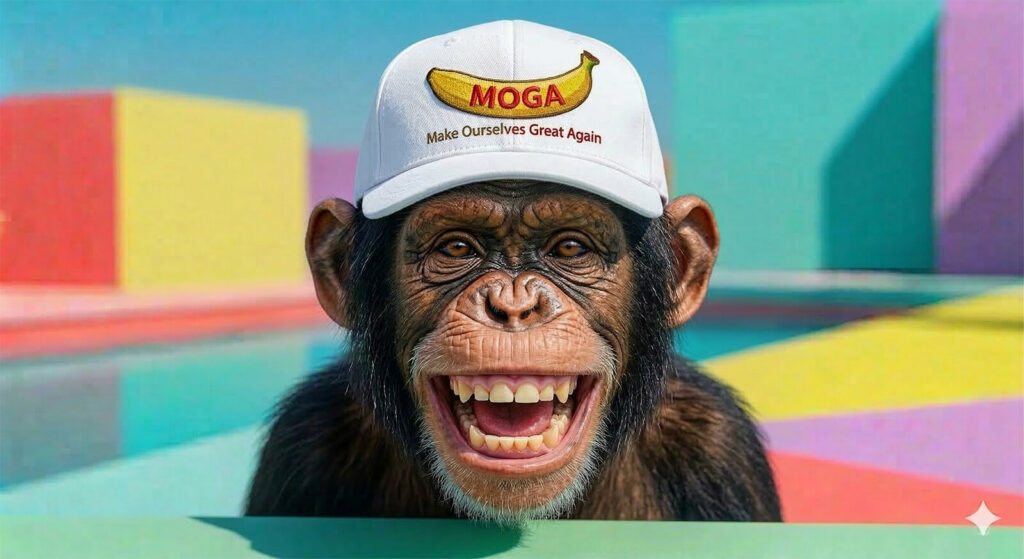 Uno scimpanzè con un cappellino da baseball con una banana ricamata e la scritta MOGA Make Ourselves Great Again
