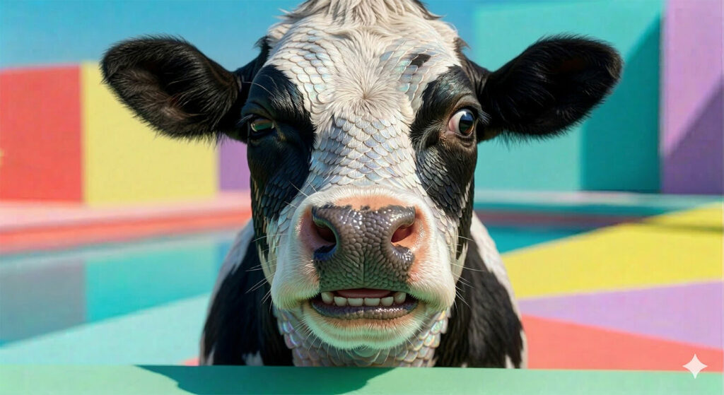 Un pattern di pesci al centro del quale c'è un ibrido tra una mucca e un pesce.