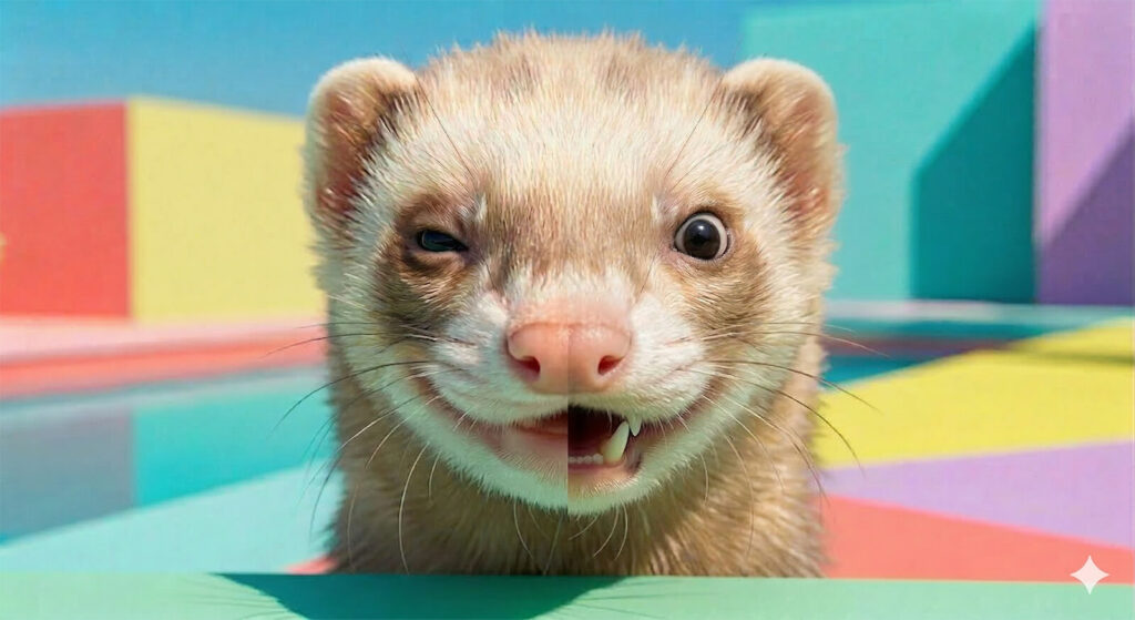 Un furetto in una doppia veste: sonnacchioso e divertito a sinistra e pronto a urlare a destra.